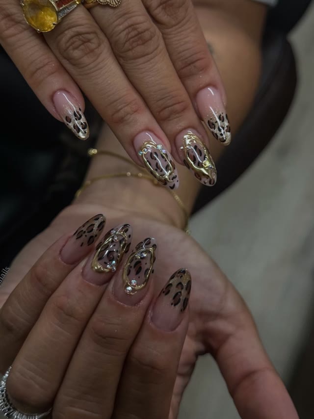 Gold leopard nail art on almond nails by Cassy Nails, Montreal